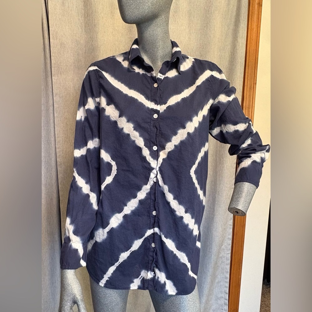 CHAPS Ralph Lauren Tie Dye Blouse Navy Button Up Long Sleeve Collared Size M